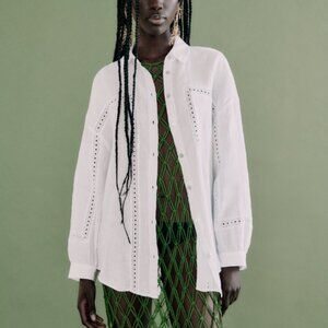NWT Zara | White Oversized Lace Insert Linen Shirt
